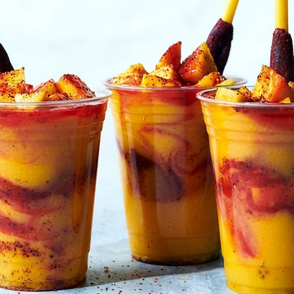 Four clear cups hold layered yellow and red fruit sprinkled with chili seasoning and topped with fruit skewers.