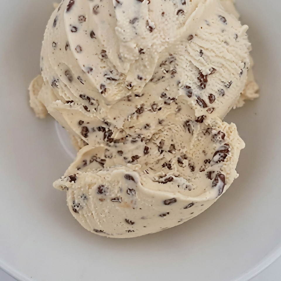 Scoop of creamy chocolate-chip ice cream served on a white plate.
